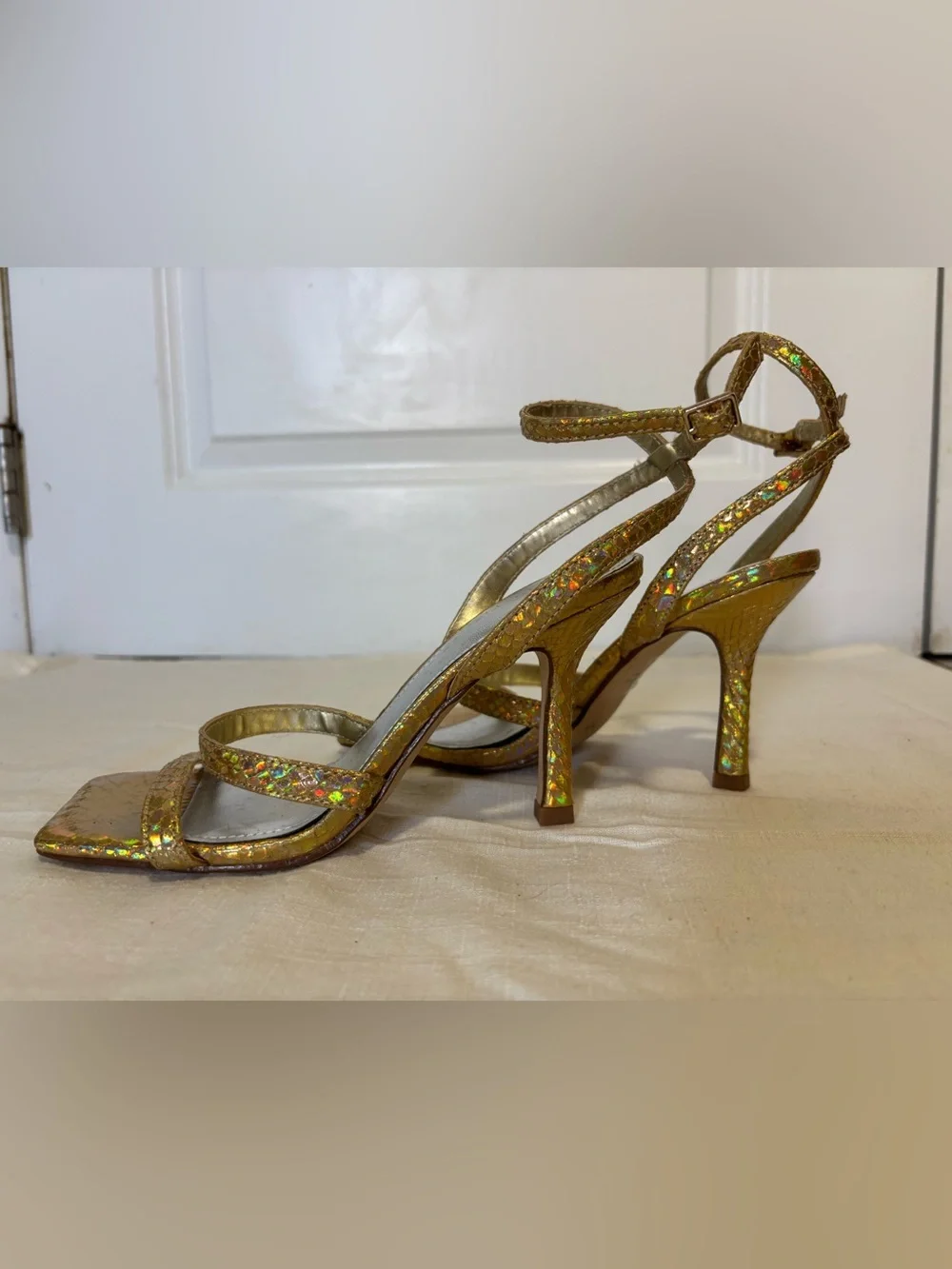 Marc Fisher Gold Holographic Strappy Heels Size 6M Square Toe Sandals